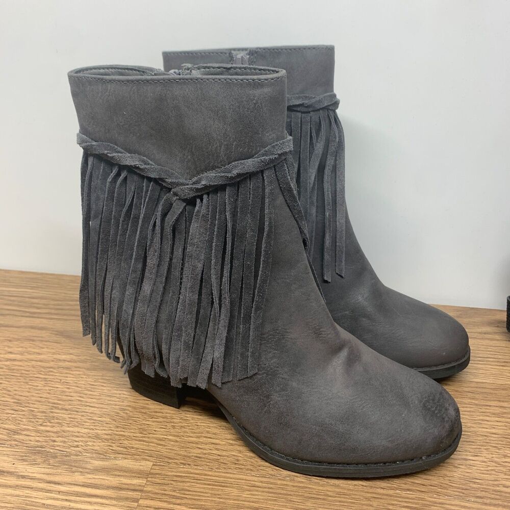 Sbicca Block Heel Ankle Boots Fringe Patricia Gray Faux Suede Booties Size 7